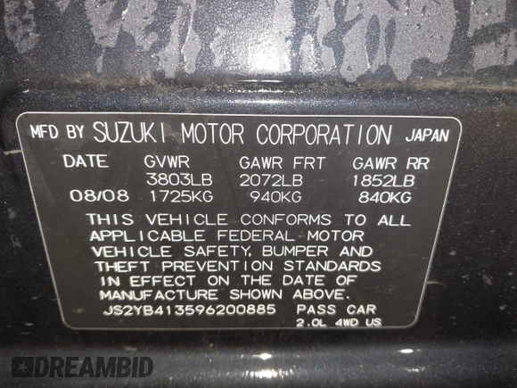 2009 Suzuki SX4 Man AWD with VIN JS2YB413596200885, listed as a IAAI auction lot 41189776 with 111,891 mi miles. Bid and sale history available at carsss.com. Image 9.