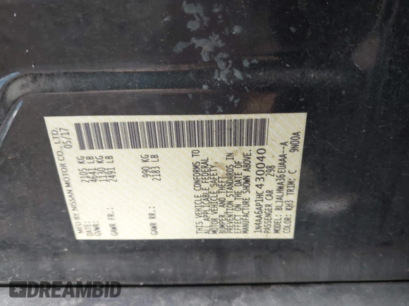 2017 Nissan Maxima S with VIN 1N4AA6AP1HC430040, listed as a IAAI auction lot 42052959 with Not Provided miles and . Bid and sale history available at DreamBid. Image 9.