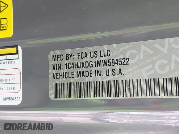 2021 Jeep Wrangler Unlimited Sport S with VIN 1C4HJXDG1MW594522, listed as a IAAI auction lot 41715891 with 88,821 mi miles. Bid and sale history available at carsss.com. Image 9.