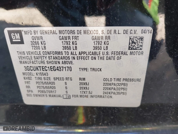 2014 Chevrolet Silverado 1500 High Country with VIN 3GCUKTEC1EG437170, listed as a IAAI auction lot 41742882 with 101,779 mi miles. Bid and sale history available at carsss.com. Image 9.