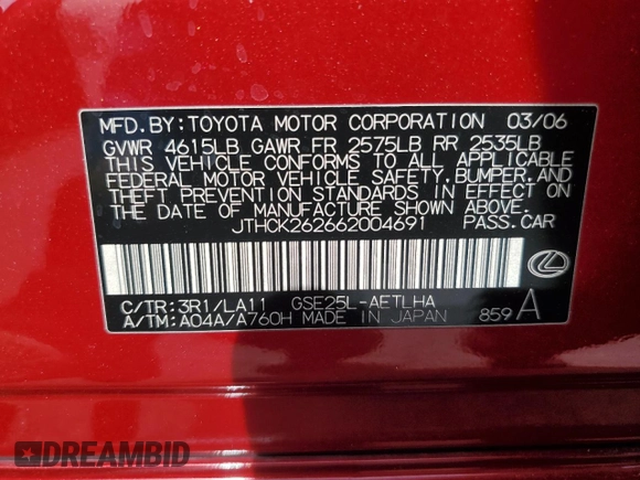 2006 Lexus IS 250 with VIN JTHCK262662004691, listed as a Copart auction lot 56769385 with 96,815 mi miles and Salvage title. Bid and sale history available at DreamBid. Image 12.