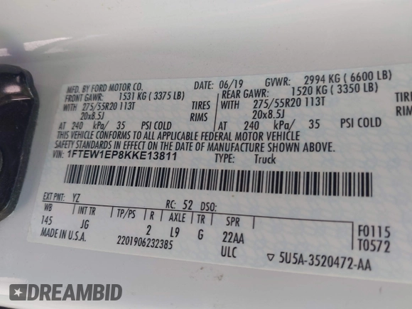 2019 Ford F-150 XL with VIN 1FTEW1EP8KKE13811, listed as a IAAI auction lot 41769452 with 133,146 mi miles and . Bid and sale history available at DreamBid. Image 9.