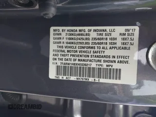 2017 Honda CR-V EX-L with VIN 7FARW1H8XHE039217, listed as a IAAI auction lot 41586701 with 37,058 mi miles. Bid and sale history available at carsss.com. Image 9.