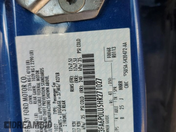 2017 Ford Fusion Hybrid SE with VIN 3FA6P0LU5HR271027, listed as a Copart auction lot 60282535 with 125,247 mi miles and Salvage title. Bid and sale history available at DreamBid. Image 12.