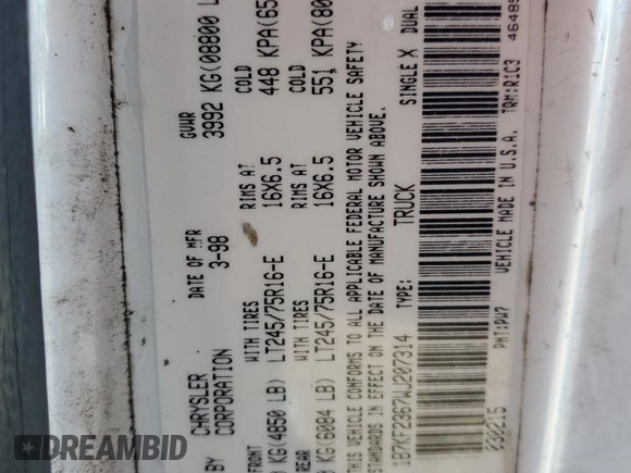 1998 Dodge 2500 with VIN 1B7KF2367WJ207314, listed as a Copart auction lot 74396544 with Not Provided miles and Non Repairable. Bid and sale history available at DreamBid. Image 13.