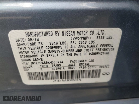 2019 Infiniti Q50 Luxe with VIN JN1EV7AR9KM553774, listed as a Copart auction lot 51593855 with 62,446 mi miles and Salvage title. Bid and sale history available at DreamBid. Image 13.