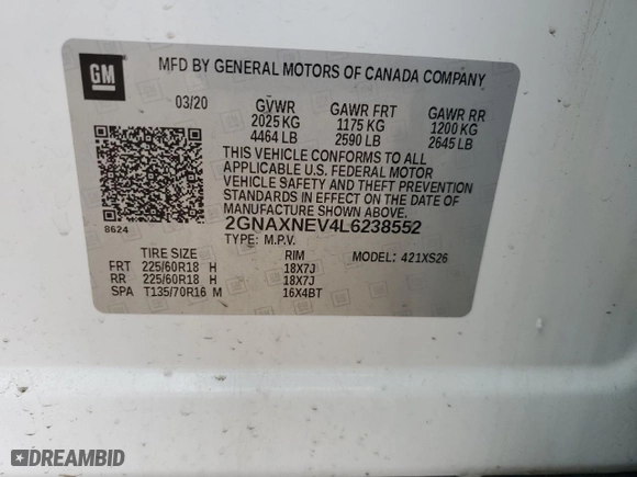 2020 Chevrolet Equinox Premier with VIN 2GNAXNEV4L6238552, listed as a Copart auction lot 46359055 with 99,763 mi miles and Salvage Title. Bid and sale history available at carsss.com. Image 15.