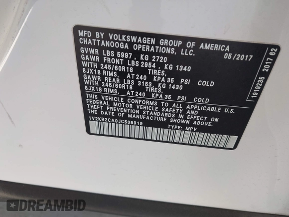 2018 Volkswagen Atlas SE с VIN 1V2KR2CA9JC505919, выставлен на аукционе IAAI как лот 42450711 с пробегом 78 435 миль миль и . История ставок и продаж доступна на DreamBid. Изображение 9.