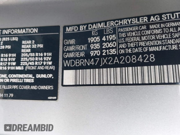 2002 Mercedes-Benz C 230/260/280/320 with VIN WDBRN47JX2A208428, listed as a IAAI auction lot 40392860 with 136,485 mi miles and . Bid and sale history available at DreamBid. Image 9.