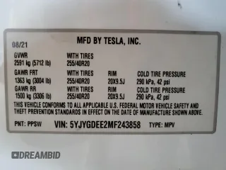 2021 Tesla Model Y Long Range z VIN 5YJYGDEE2MF243858, wystawiony jako Copart lot #58043055 z przebiegiem 24 128 mil mil oraz Szkoda całkowita • Salvage title. Historia ofert i sprzedaży dostępna na DreamBid. Obrazek 13.