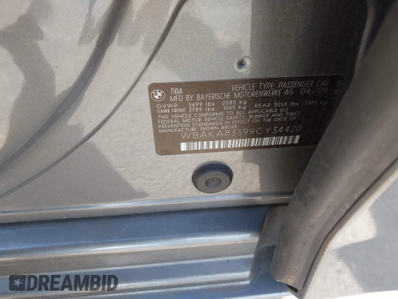 2009 BMW 7 Series 750i с VIN WBAKA83599CY34420, выставлен на аукционе IAAI как лот 41448738 с пробегом 105 141 миль миль и . История ставок и продаж доступна на DreamBid. Изображение 9.