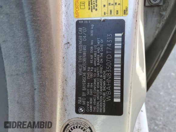 2007 BMW 7 Series 750Li with VIN WBAHN83507DT74313, listed as a Copart auction lot 67606404 with 169,922 mi miles and Clean Title. Bid and sale history available at DreamBid. Image 12.
