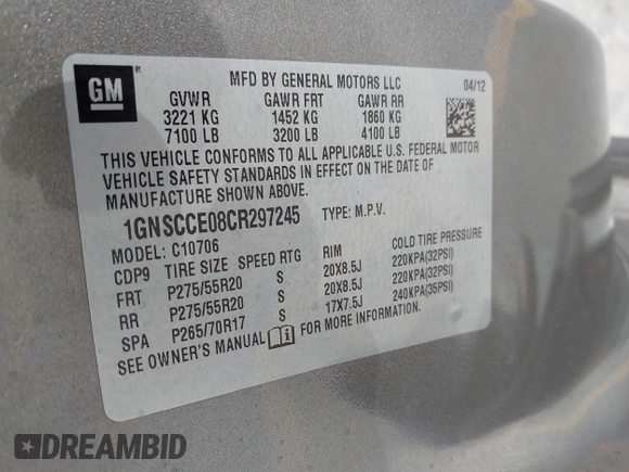 2012 Chevrolet Tahoe LTZ с VIN 1GNSCCE08CR297245, выставлен на аукционе IAAI как лот 40194964 с пробегом 117 007 миль миль и . История ставок и продаж доступна на DreamBid. Изображение 9.