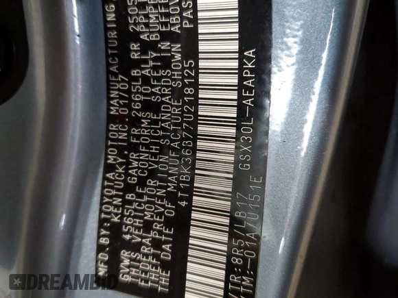 2007 Toyota Avalon XL z VIN 4T1BK36B77U218125, wystawiony jako Copart lot #56042525 z przebiegiem 197 123 mil mil oraz Szkoda całkowita • Salvage title. Historia ofert i sprzedaży dostępna na DreamBid. Obrazek 12.
