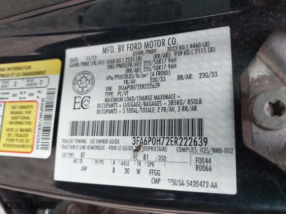 2014 Ford Fusion SE with VIN 3FA6P0H72ER222639, listed as a IAAI auction lot 41957789 with 201,464 mi miles. Bid and sale history available at carsss.com. Image 9.