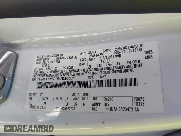 2014 Ford Escape S с VIN 1FMCU0F71EUE28581, выставлен на аукционе IAAI как лот 42335102 с пробегом 228 311 миль миль и . История ставок и продаж доступна на DreamBid. Изображение 9.