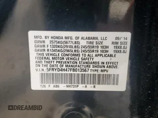 2015 Acura MDX Technology with VIN 5FRYD4H47FB013567, listed as a Copart auction lot 59262595 with 63,916 mi miles and Salvage title. Bid and sale history available at DreamBid. Image 13.