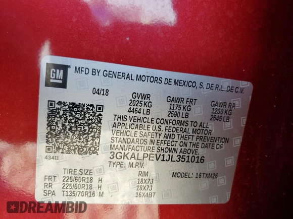 2018 GMC Terrain SLT with VIN 3GKALPEV1JL351016, listed as a Copart auction lot 44307305 with 113,375 mi miles and Salvage Title. Bid and sale history available at DreamBid. Image 14.