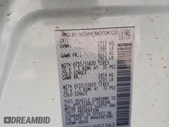 2016 Nissan Pathfinder Platinum with VIN 5N1AR2MN7GC602362, listed as a Copart auction lot 59363205 with 114,020 mi miles and Salvage title. Bid and sale history available at DreamBid. Image 13.
