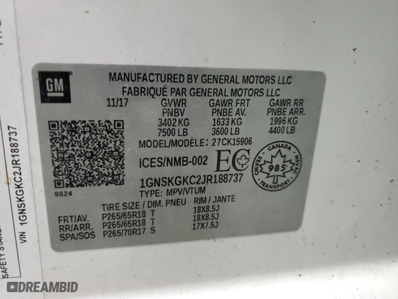 2018 Chevrolet Suburban LS with VIN 1GNSKGKC2JR188737, listed as a Copart auction lot 42379025 with NaN miles and Salvage Title. Bid and sale history available at carsss.com. Image 13.