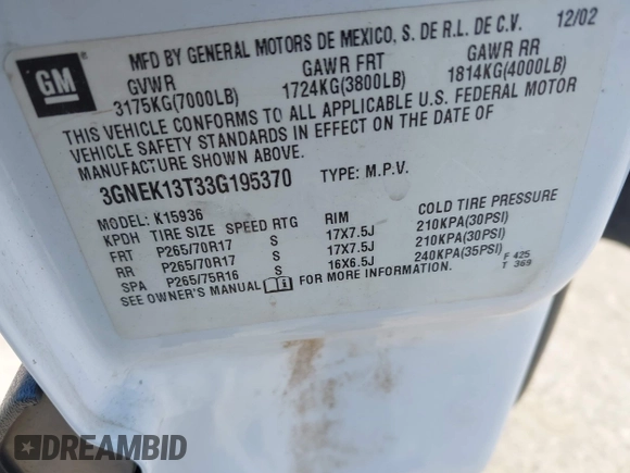 2003 Chevrolet Avalanche with VIN 3GNEK13T33G195370, listed as a IAAI auction lot 42073539 with Not Provided miles and . Bid and sale history available at DreamBid. Image 9.