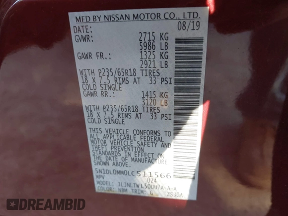 2020 Infiniti QX60 Luxe with VIN 5N1DL0MM0LC511566, listed as a IAAI auction lot 40879519 with 90,479 mi miles and . Bid and sale history available at DreamBid. Image 9.
