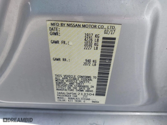 2017 Nissan Altima 2.5 SR with VIN 1N4AL3AP5HC213504, listed as a IAAI auction lot 41944535 with 71,159 mi miles. Bid and sale history available at carsss.com. Image 9.