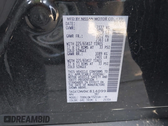 2017 Nissan Rogue SL z VIN 5N1AT2MV0HC814099, wystawiony jako IAAI lot #41800959 z przebiegiem Nie podano mil oraz . Historia ofert i sprzedaży dostępna na DreamBid. Obrazek 9.