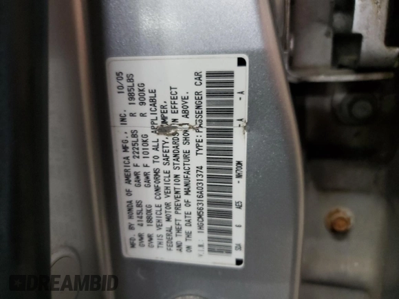 2006 Honda Accord LX SE with VIN 1HGCM56316A031374, listed as a Copart auction lot 64182755 with 227,738 mi miles and Clean title. Bid and sale history available at DreamBid. Image 12.