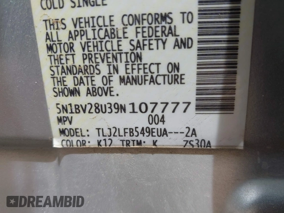 2009 Nissan Quest with VIN 5N1BV28U39N107777, listed as a IAAI auction lot 41774389 with 194,902 mi miles and . Bid and sale history available at DreamBid. Image 9.