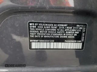 2012 Volkswagen CC Sport PZEV with VIN WVWMP7AN0CE541220, listed as a Copart auction lot 53468225 with 91,689 mi miles and Salvage Title. Bid and sale history available at carsss.com. Image 12.