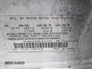 2008 Mazda 3 i Touring with VIN JM1BK32G981835454, listed as a IAAI auction lot 42073882 with 222,715 mi miles and . Bid and sale history available at carsss.com. Image 9.