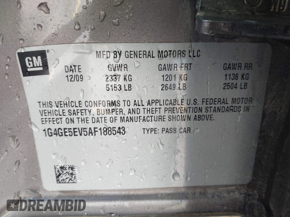 2010 Buick LaCrosse CXS with VIN 1G4GE5EV5AF188543, listed as a IAAI auction lot 42620535 with 256,502 mi miles and . Bid and sale history available at DreamBid. Image 9.