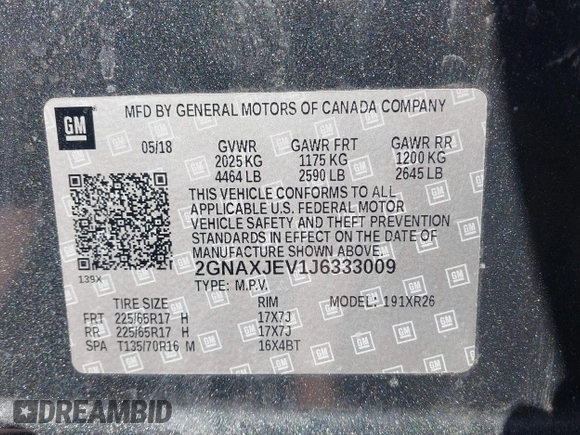 2018 Chevrolet Equinox LT with VIN 2GNAXJEV1J6333009, listed as a IAAI auction lot 41937957 with 56,623 mi miles and . Bid and sale history available at DreamBid. Image 9.