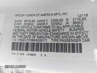 2019 Honda Accord Sport with VIN 1HGCV1F36KA026171, listed as a IAAI auction lot 42461323 with 53,435 mi miles and . Bid and sale history available at DreamBid. Image 9.