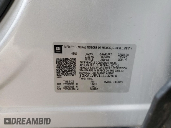 2020 GMC Terrain SLT with VIN 3GKALVEV1LL137814, listed as a Copart auction lot 47792555 with 92,714 mi miles and Salvage Title. Bid and sale history available at DreamBid. Image 15.