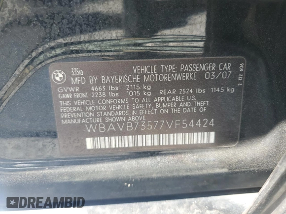 2007 BMW 3 Series 335i with VIN WBAVB73577VF54424, listed as a Copart auction lot 49334785 with 149,595 mi miles and Salvage title. Bid and sale history available at DreamBid. Image 12.