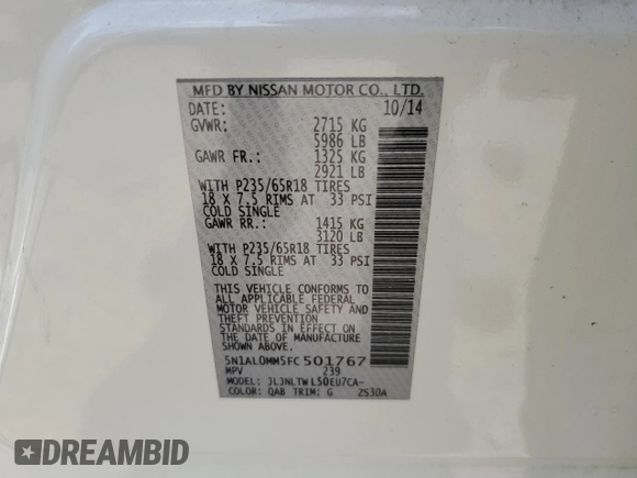 2015 Infiniti QX60 z VIN 5N1AL0MM5FC501767, wystawiony jako Copart lot #57256355 z przebiegiem 61 511 mil mil oraz Szkody całkowita. Historia ofert i sprzedaży dostępna na DreamBid. Obrazek 13.