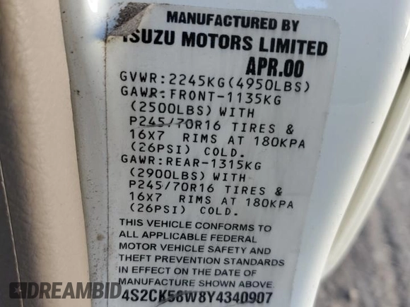 2000 Isuzu Rodeo S z VIN 4S2CK58W8Y4340907, wystawiony jako Copart lot #79683804 z przebiegiem 153 419 mil mil oraz Szkoda całkowita • Salvage title. Historia ofert i sprzedaży dostępna na DreamBid. Obrazek 13.
