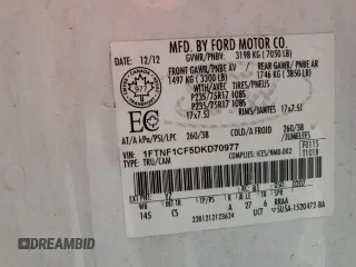 2013 Ford F-150 XL with VIN 1FTNF1CF5DKD70977, listed as a Copart auction lot 61922765 with 489,017 mi miles and Clean title. Bid and sale history available at DreamBid. Image 12.