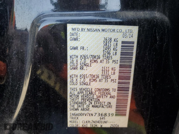 2014 Nissan Frontier SV with VIN 1N6AD0FV7EN736839, listed as a Copart auction lot 58390995 with 111,403 mi miles and Salvage title. Bid and sale history available at DreamBid. Image 12.