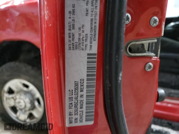 2020 Ram 2500 Tradesman with VIN 3C6UR5CJ4LG235307, listed as a Copart auction lot 52896775 with 105,167 mi miles and Salvage title. Bid and sale history available at DreamBid. Image 12.