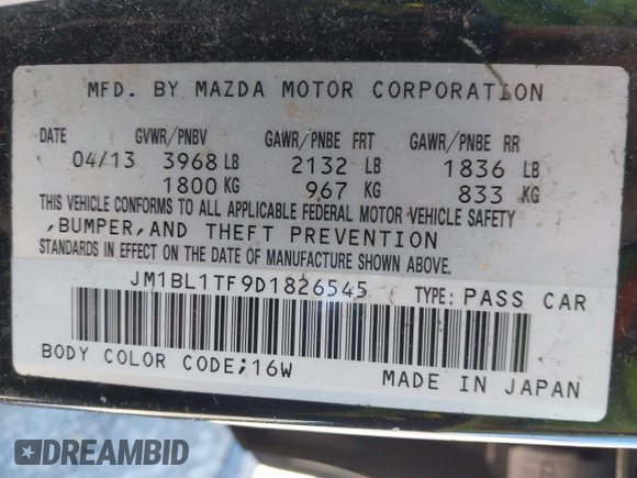 2013 Mazda 3 i SV with VIN JM1BL1TF9D1826545, listed as a IAAI auction lot 41704663 with 108,178 mi miles and . Bid and sale history available at DreamBid. Image 9.