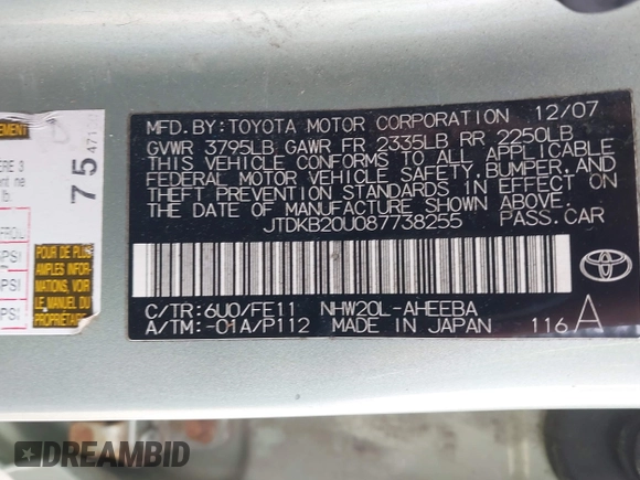 2008 Toyota Prius with VIN JTDKB20U087738255, listed as a IAAI auction lot 42091303 with 233,000 mi miles. Bid and sale history available at carsss.com. Image 9.