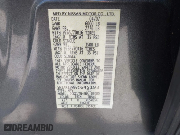2007 Nissan Pathfinder SE with VIN 5N1AR18W97C645193, listed as a IAAI auction lot 42028643 with 224,145 mi miles. Bid and sale history available at carsss.com. Image 9.