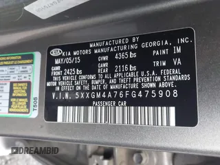 2015 Kia Optima LX with VIN 5XXGM4A76FG475908, listed as a IAAI auction lot 41964205 with 122,965 mi miles. Bid and sale history available at carsss.com. Image 9.