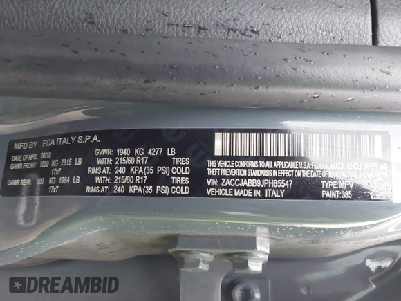 2018 Jeep Renegade Latitude with VIN ZACCJABB9JPH85547, listed as a IAAI auction lot 41511374 with 79,837 mi miles. Bid and sale history available at carsss.com. Image 9.