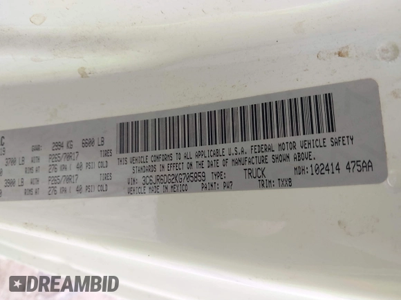 2019 Ram 1500 Tradesman z VIN 3C6JR6DG2KG705859, wystawiony jako IAAI lot #41716700 z przebiegiem 128 721 mil mil oraz . Historia ofert i sprzedaży dostępna na DreamBid. Obrazek 9.