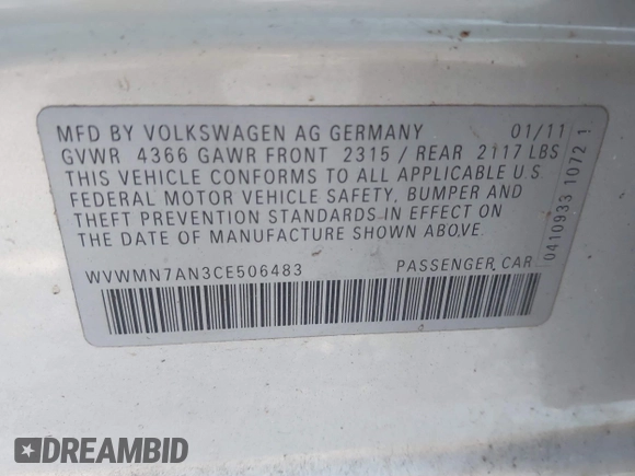 2012 Volkswagen CC Sport z VIN WVWMN7AN3CE506483, wystawiony jako IAAI lot #41401237 z przebiegiem 135 296 mil mil oraz . Historia ofert i sprzedaży dostępna na DreamBid. Obrazek 9.
