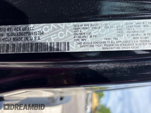 2023 Jeep Wrangler Sport S with VIN 1C4HJXDG2PW615754, listed as a Copart auction lot 53884255 with 34,427 mi miles and Clean Title. Bid and sale history available at DreamBid. Image 10.